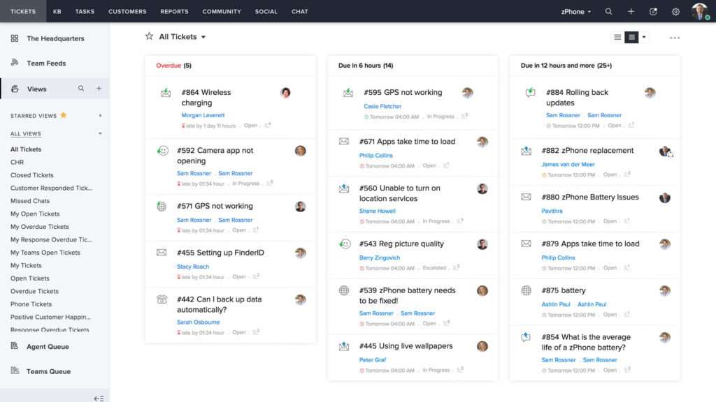 Vista interna Zoho Software Help Desk