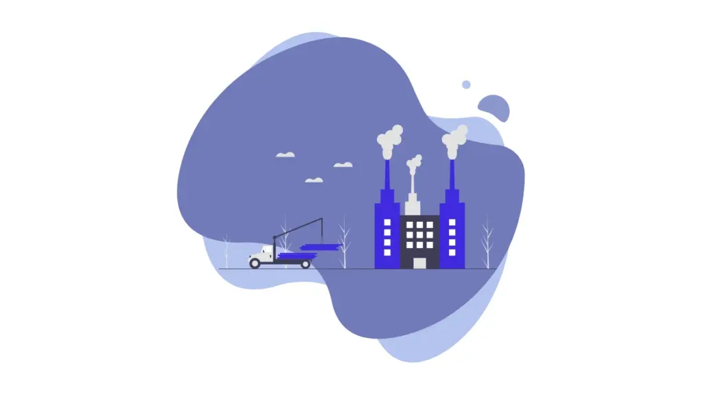 Illustration Service Desk manufacturing industry, truck with materials and factory