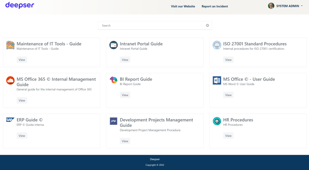 View of Deepser Knowledge base self-service portal