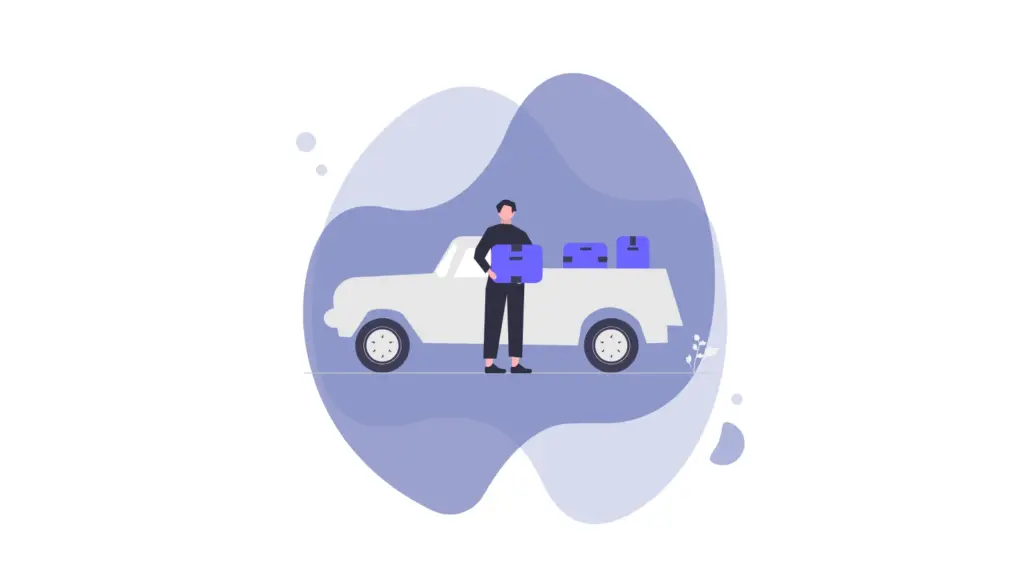 Illustrazione, logistica corriere con macchina e pacchi