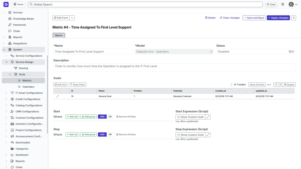 Service Level Agreements Setup Interface in Deepser
