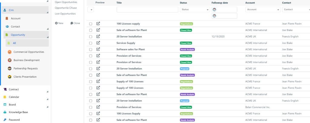 CRM Software, opportunities overview in Deepser.