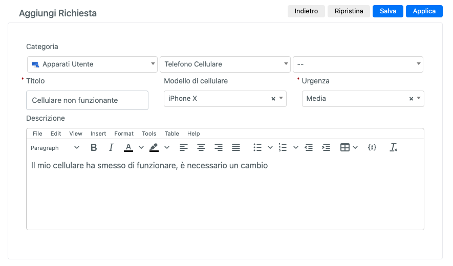 Esempio template risorse umane per richiesta sostituzione cellulare in Deepser