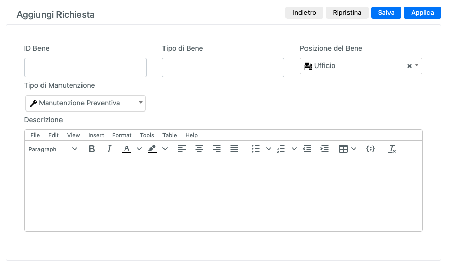 Template di richiesta manutenzione  in Deepser