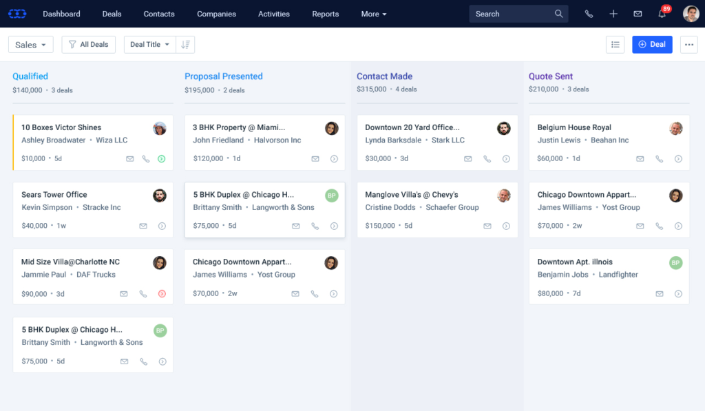 Salesmate vista Kanban Software CRM