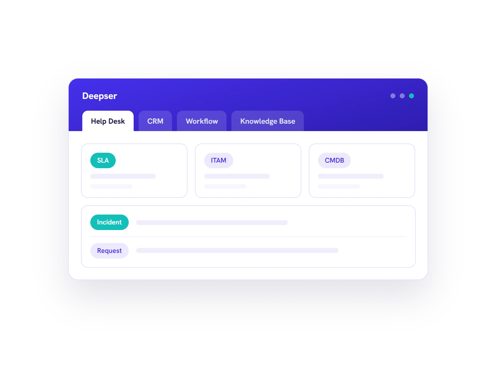 Deepser service management interface with Help Desk, CRM, Workflow and Knowledge Base