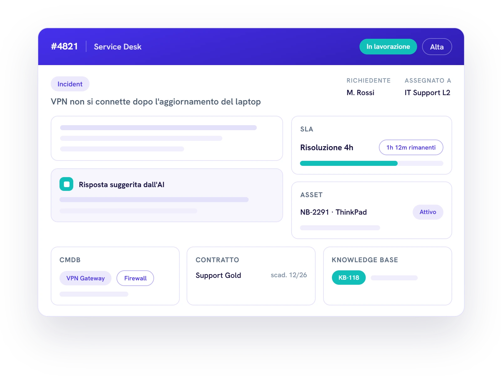 Ticket del service desk IT di Deepser con SLA, asset, CMDB, contratto e risposta suggerita dall'AI